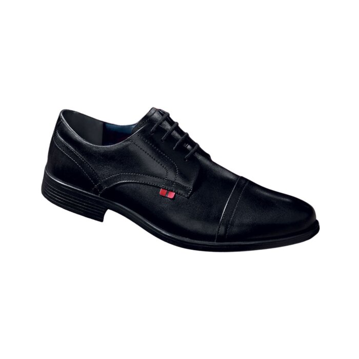 Men’s black leather Oxford dress shoes featuring a sleek cap toe and fine stitching, ideal for business and formal occasions.