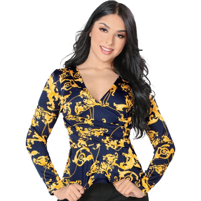 Blusa Navy Lamasini Cuello V Estampado Dorado 5732