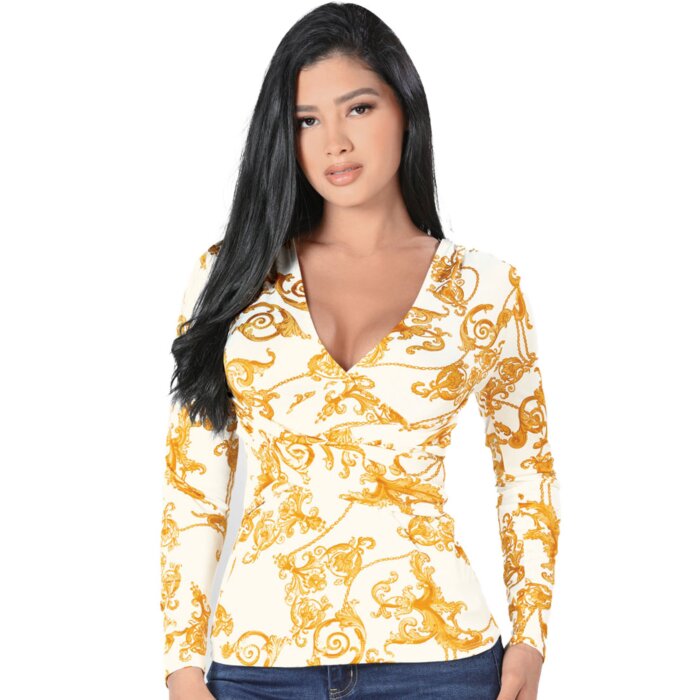 Blusa Blanca Lamasini Cuello V Estampado Dorado 5732