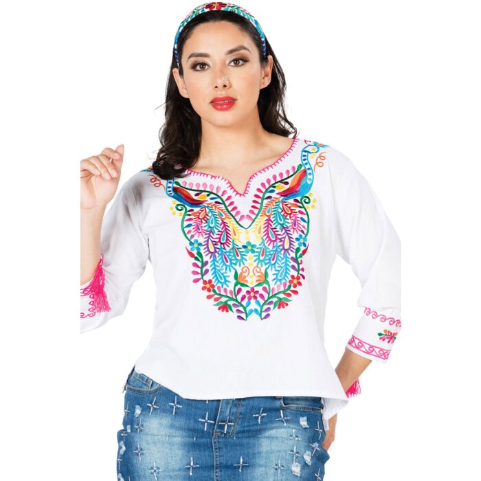 Blusa Tradicional Pavos Artesanal Mexicana 603182 Blanca