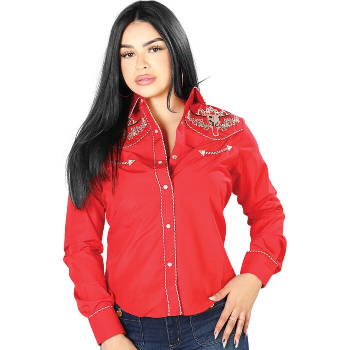 Blusa Vaquera Roja Bordado Bull Skull En Los Hombros 126675