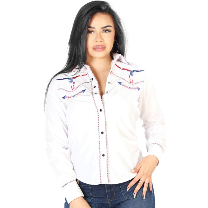Blusa Blanca Vaquera De Mujer Con Bordado Bull Skull USA 126681