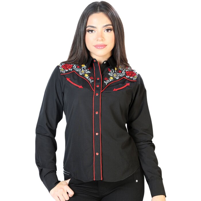 Blusa Vaquera Negra Con Bordado De Flores Rojas Y Amarillas 126685