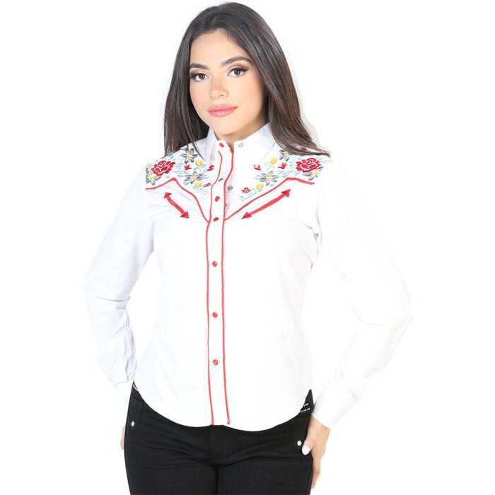 Blusa Vaquera Blanca Con Bordado De Flores Rojas Y Amarillas 126686