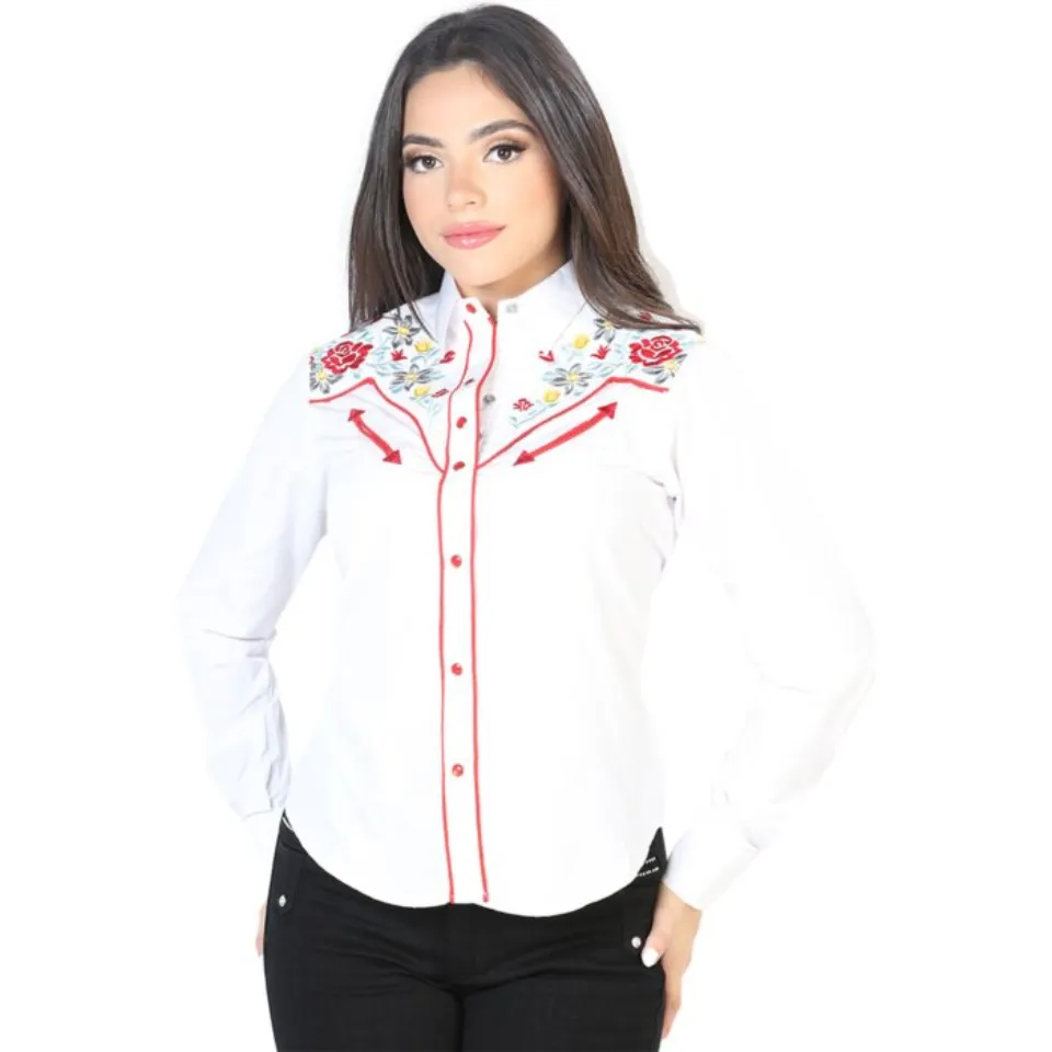 Blusa Vaquera Blanca Con Bordado De Flores Rojas Y Amarillas 126686