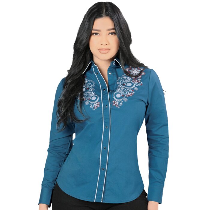 Blusa Bordada Vaquera Snap Button Lamasini 2325 Color Teal