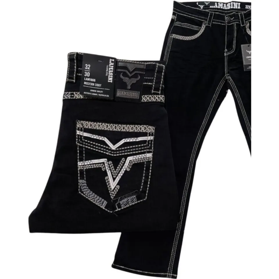 Men's black modern boot cut jeans featuring intricate embroidered back pockets and high-quality contrast stitching by Lamasini.
