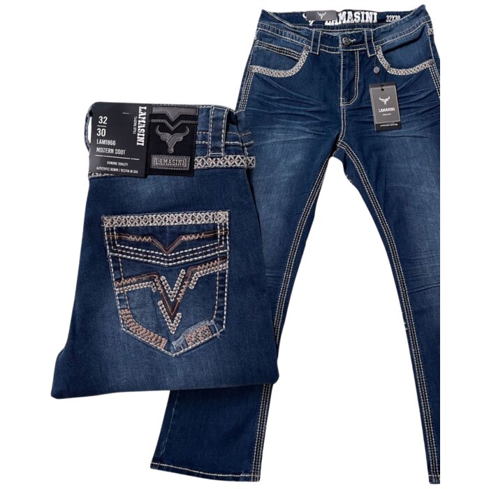 Men's blue modern boot cut jeans featuring embroidered back pockets, contrast stitching, and a classic denim wash by Lamasini.