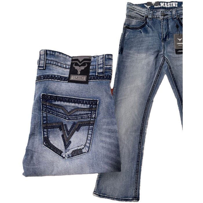 Men's light blue modern boot cut jeans featuring embroidered back pockets and stylish contrast stitching by Lamasini.