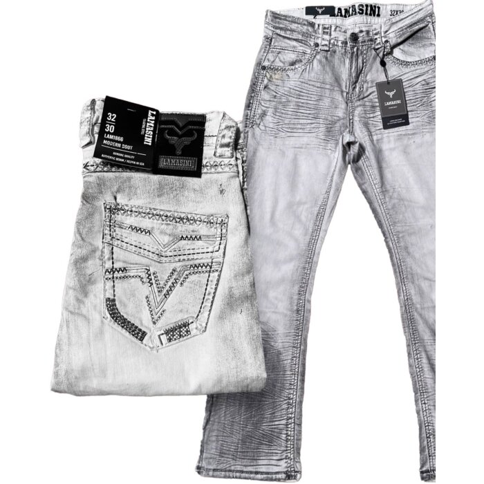 Men's white modern boot cut jeans with intricate embroidered back pockets and subtle distressed detailing by Lamasini.