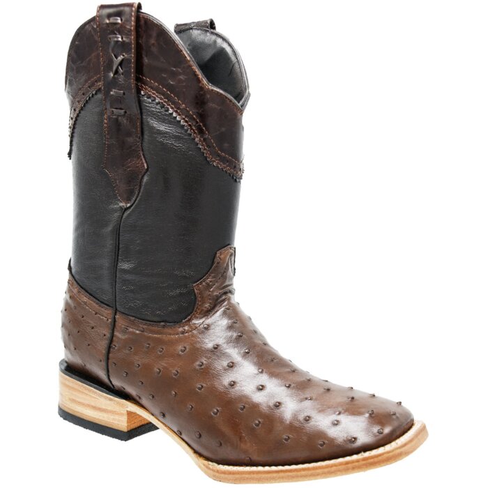 Men's brown western boots crafted from genuine ostrich leather with a leather outsole, made in Mexico.