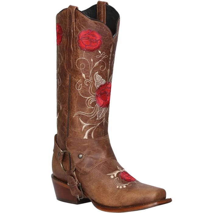 Botas Vaqueras Para Mujer tubo alto color Tang con bordado de flores rojas