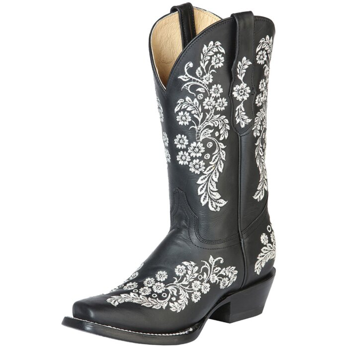 Bota Rodeo De Mujer Negra Piel Crazy Bordada Flores Blancas 51236