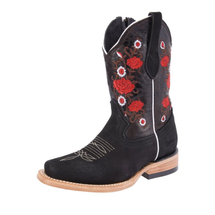 Botas Rodeo Negra Para Niña Bordado Flor Roja WD 11-387