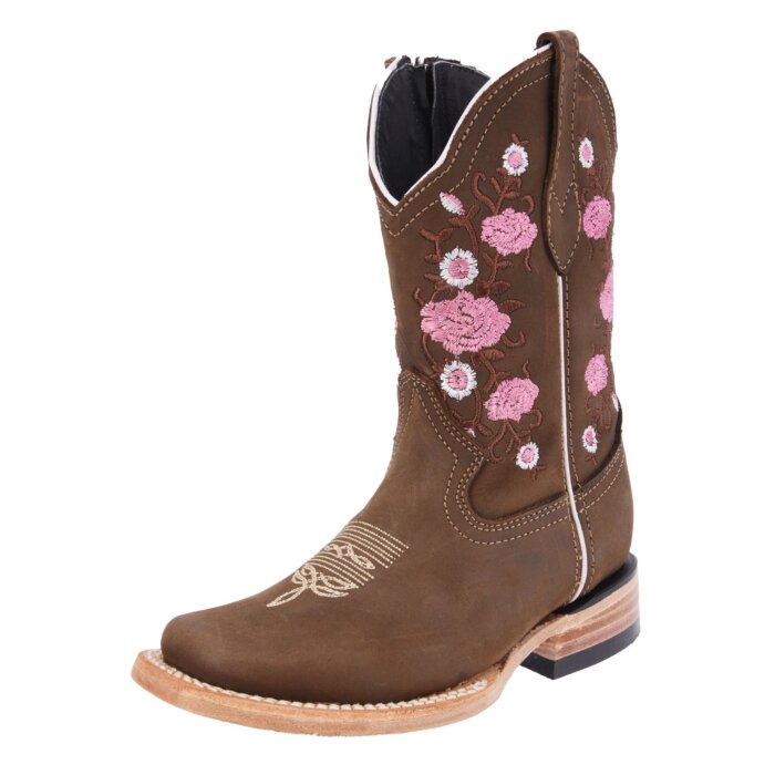 Botas Rodeo Color Tabaco Para Niña Diseño Flor Rosa WD 11-389