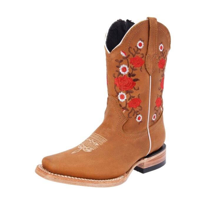 Botas Rodeo Color Miel Para Niña Diseño Flor Roja WD 11-390