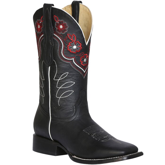 Bota De Mujer Rodeo Texas Negra con flores rojas bordadas en lo alto del tubo.