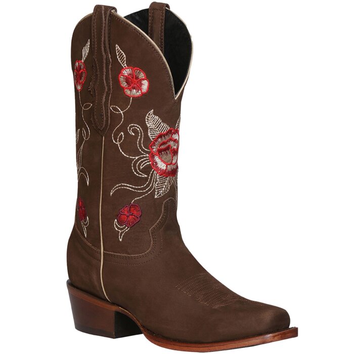 Bota Rodeo De Dama El General 41784 Color Camel con bordado floral en el tubo.