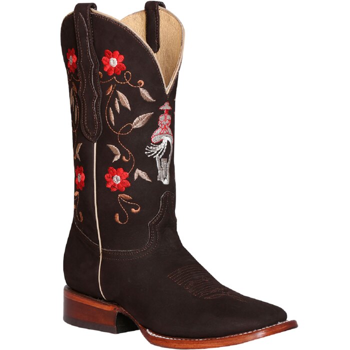 Bota Rodeo Café De Mujer con bordado de flores rojas y mujer charra cabalgando.