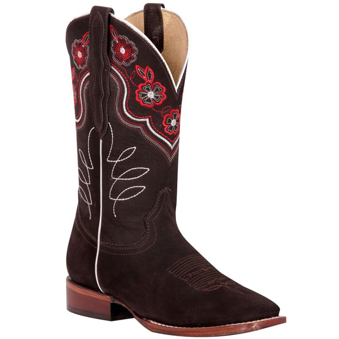 Bota Para Mujer Rodeo Texas Color Café con flores rojas chicas el la parte alta