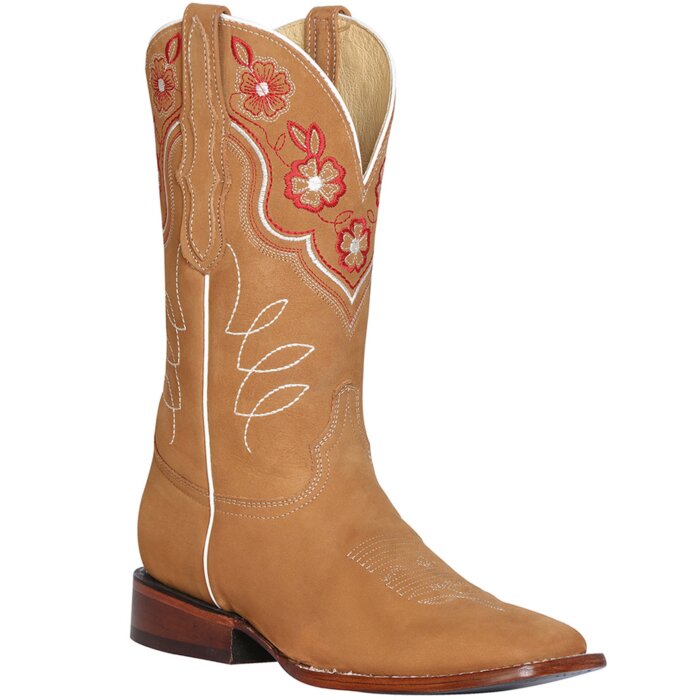 Bota Rodeo Texas Nobuck Dama color Durazno y flores bordadas el la parte superior del tubo