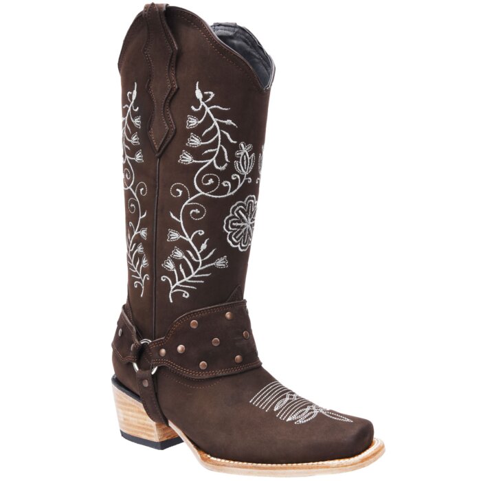 Botas Para Mujer Vaqueras Horma Rodeo Caña Alta WD Boots 10-520 Piel Nobuck Color Café