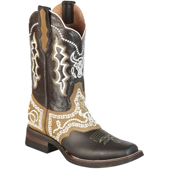 Botas Rodeo Antifaz Y Tubo Bordado Diseño Toro Piel Nobuck Color Chocolate