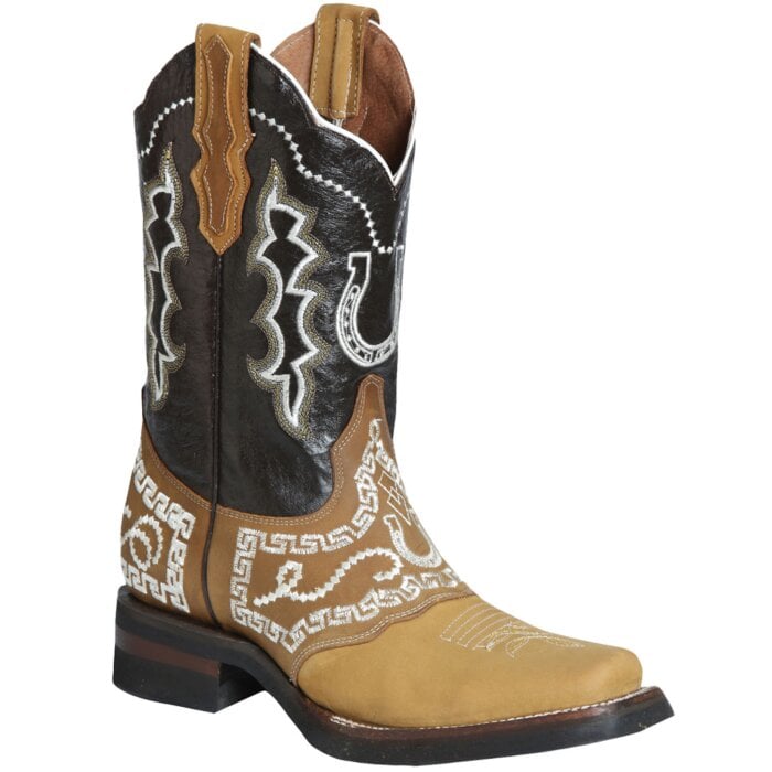 Botas Rodeo Antifaz Y Tubo Bordado Diseño Herradura Piel Nobuck Color Miel