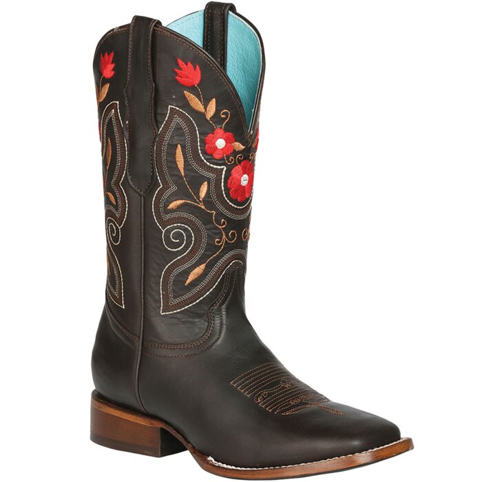 Bota Café El General rodeo para mujer 125369 con flores rojas pequeñas bordadas