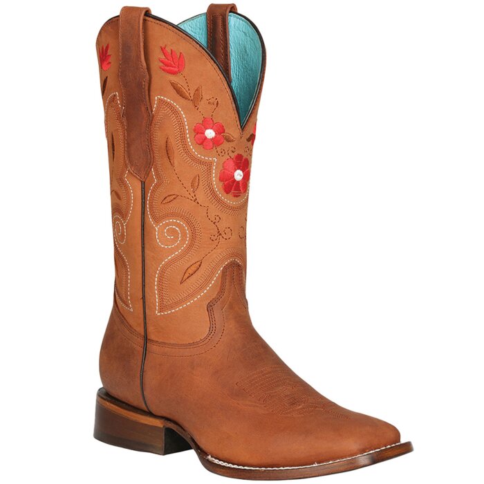 Bota Rodeo Dama Color Shedrón Con flores Rojas Pequeñas Bordadas