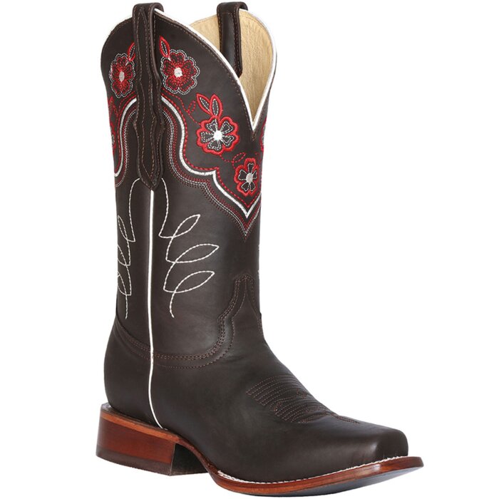 Bota Vaquera Para Dama El General 42981 Color Choco con flores bordadas en la parte superior del tubo