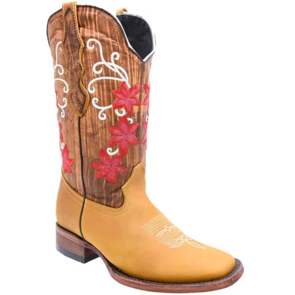 Bota Vaquera Rodeo De Mujer WD 11-489 Color Miel Con Flores Rojas