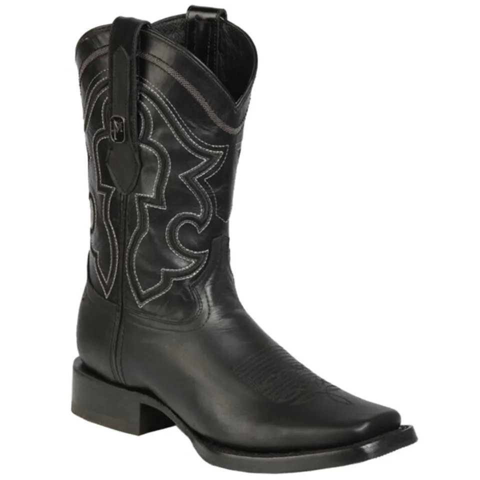 Montero TX-SHD-6 men's black leather rodeo boots with square toe and rubber outsole, made in Mexico
