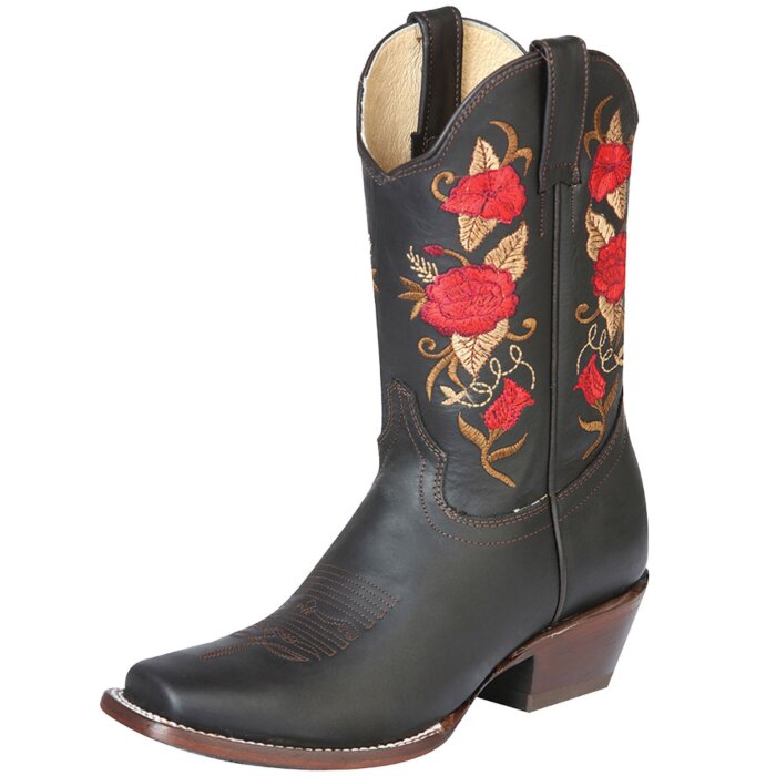 Bota Rodeo Corta Para Mujer Color Negro Flores Rojas 43663