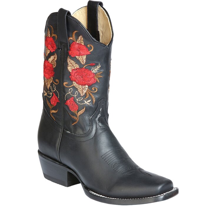 Bota Rodeo Mujer Tubo Corto Color Negro y Flores Rojas Bordadas