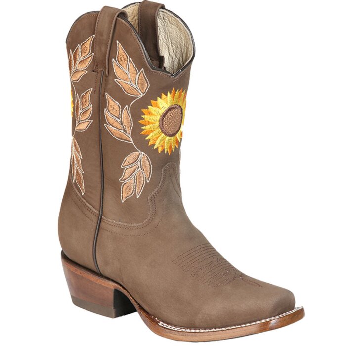 Bota Rodeo De Mujer Tubo Corto Color Camel Con Girasol Bordado