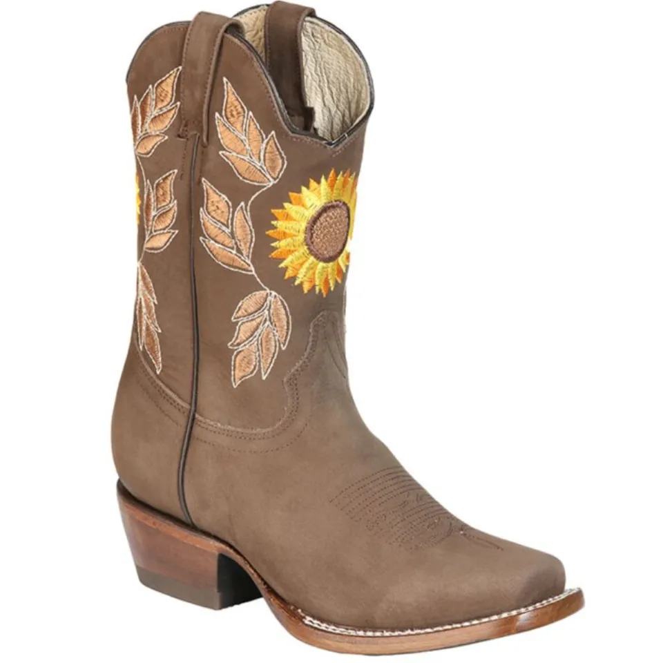 Bota Rodeo De Mujer Tubo Corto Color Camel Con Girasol Bordado