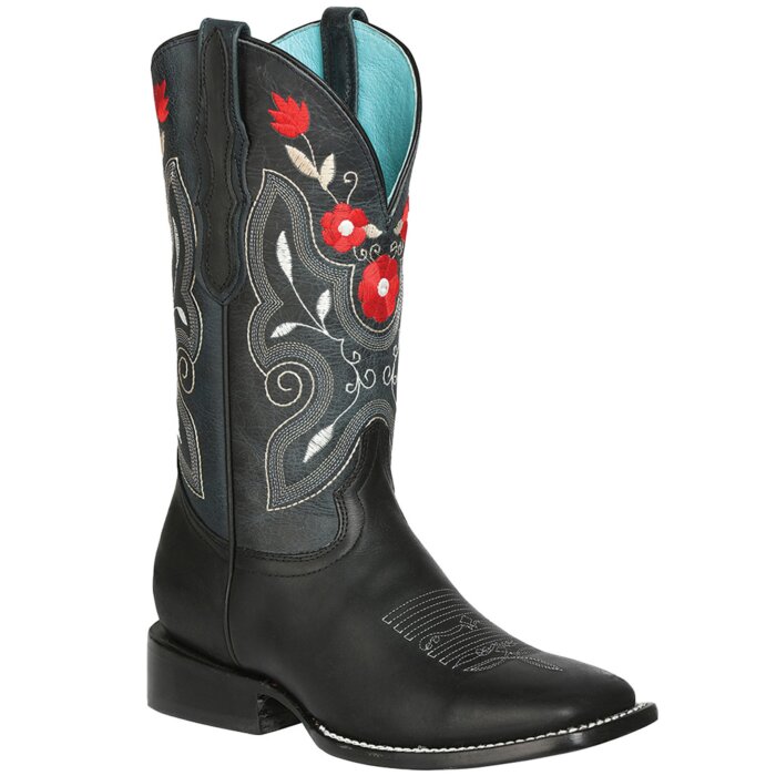 Bota Rodeo Negra Para Dama El General 125366 Con Pequeñas Flores Rojas Bordadas