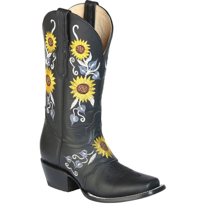 Bota Rodeo De Mujer Color Negro Cor Flores Amarillas Bordadas