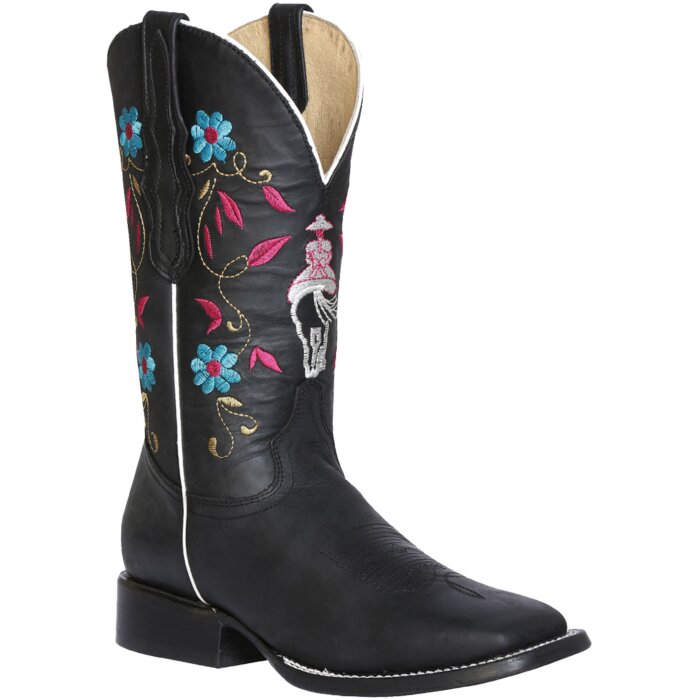 Bota Rodeo Negra Para Mujer con bordado de mujer charra a caballo