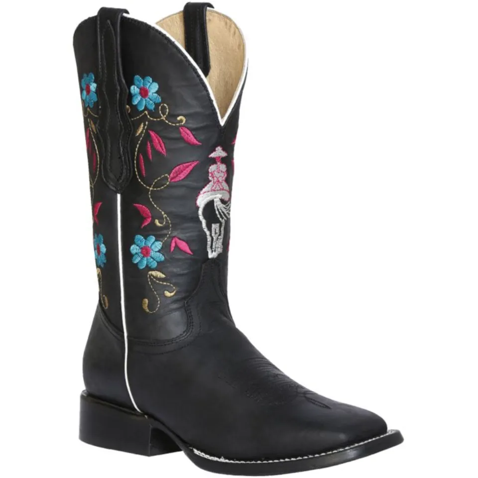 Bota Rodeo Negra Para Mujer con bordado de mujer charra a caballo
