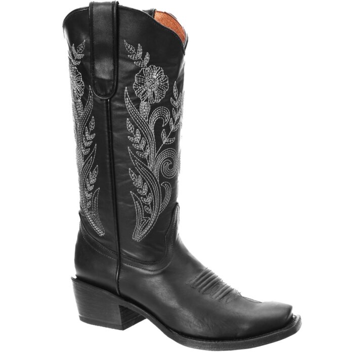 Bota Rodeo Negra Para Mujer Flor Bordada En Tubo WD 11-515
