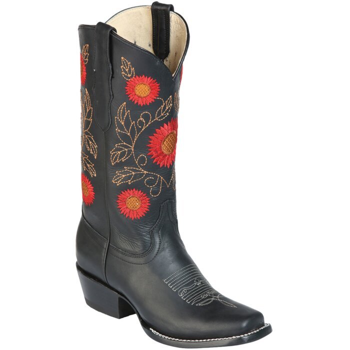 Bota Rodeo Para Mujer El General Color Negro Con Flores Rojas Bordadas