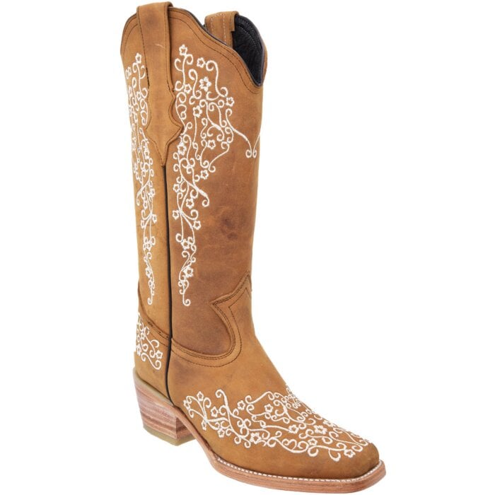 Bota Rodeo Tubo Alto De Mujer WD 11-484 Color Miel Bordado De Hilo Blanco