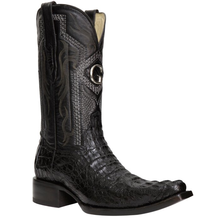 Botas El General 45081 de Caimán Nuca (Hornback) Negro con horma Versace, suela de cuero y plantilla acolchada.
