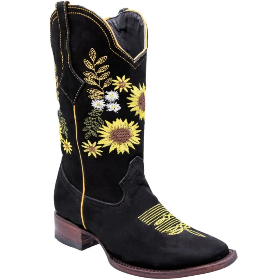 Bota Vaquera Negra Para Mujer Bordado De Girasoles WD 11-488