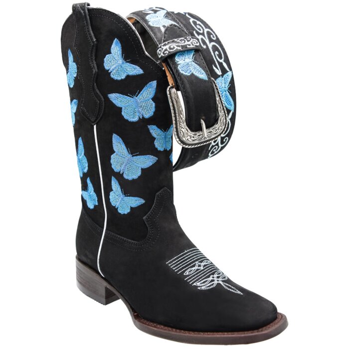 Bota Vaquera Para Mujer Piel Nobuck Negra Bordado De Mariposas WD 11-490