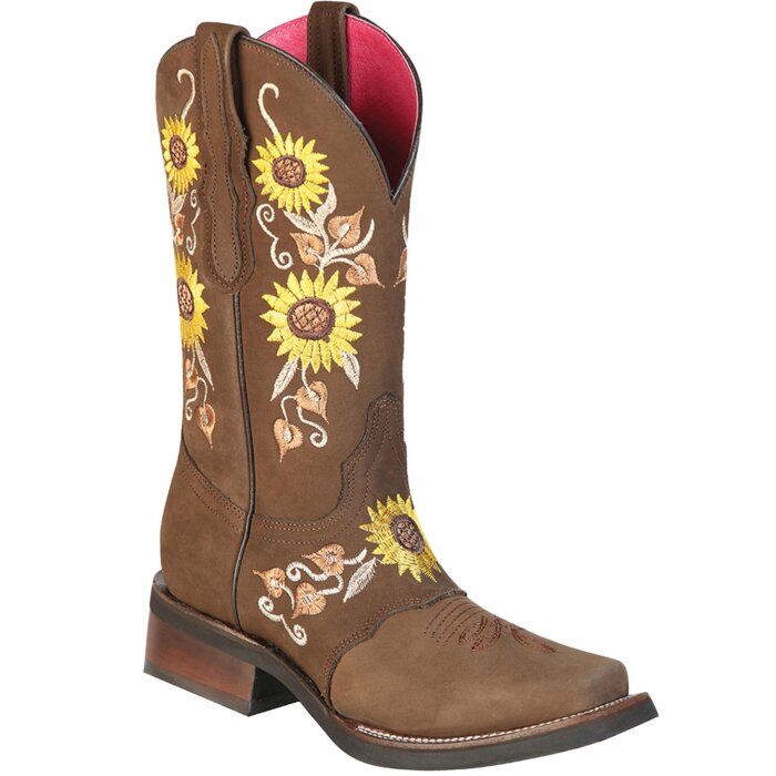 Bota Vaquera Para Mujer Piel Nobuck Color Camel Girasoles Bordados