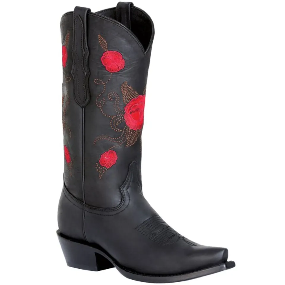 Botas Vaqueras Negras Estilo Retro Con Flores Rojas Para Dama