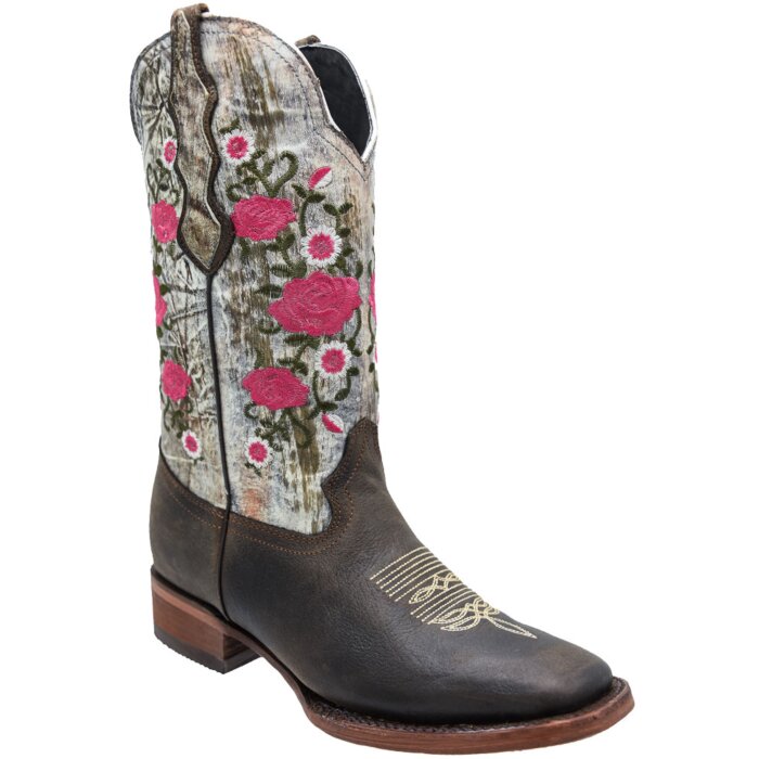 Bota Vaquera Rodeo De Mujer Color Café Con Flores Rojas WD 11-491